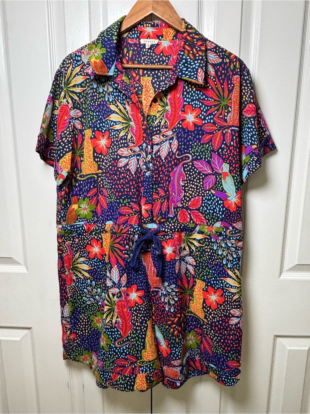 JODIFL Tropical Safari Romper Large Jungle Leopard Floral Tie Waist Pockets Sz L - Picture 2 of 8